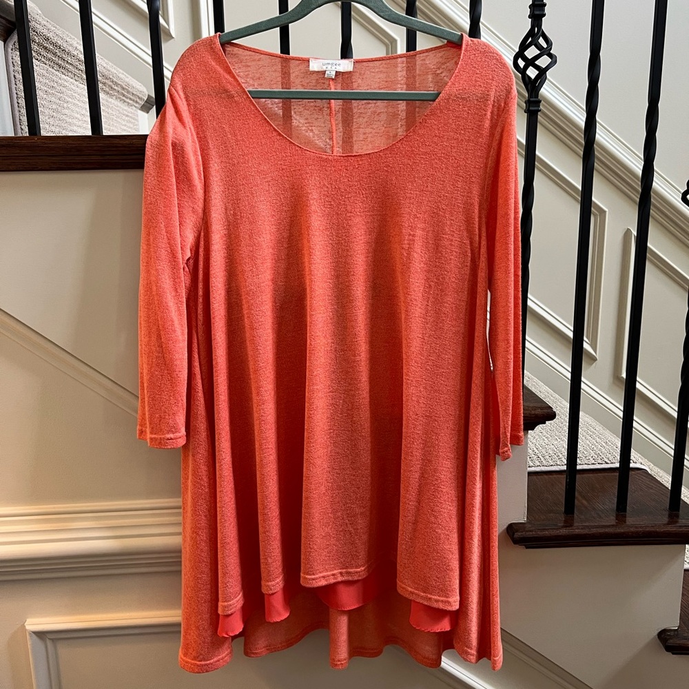 💚 Umgee Orange Coral 3/4 Sleeve Tunic large sheer trim